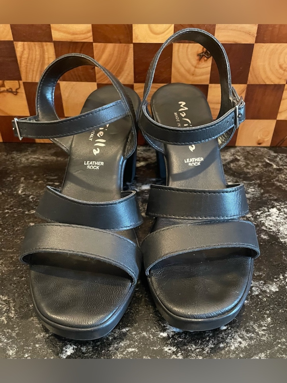 Mariella Black Leather Strappy Block Heel Sandals